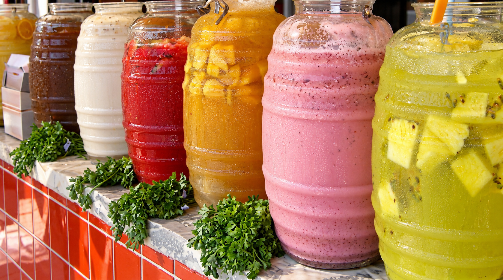 Colorful fresh aguas frescas in large glass jars at Payless Foods